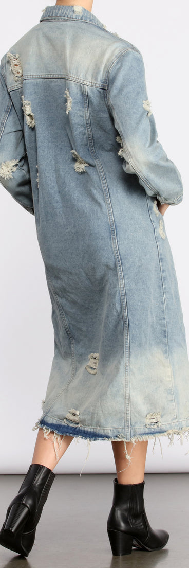 Stylishly Destructed Long Line Denim Jacket helps create the best summer outfit for a look that slays at any event or occasion!