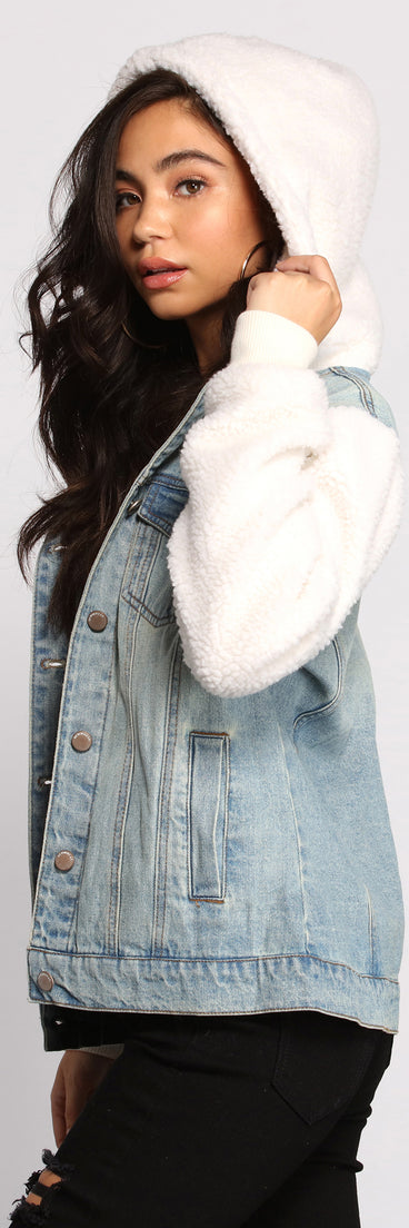 Cozy Casual Vibe Sherpa Denim Jacket for 2023 festival outfits, festival dress, outfits for raves, concert outfits, and/or club outfits
