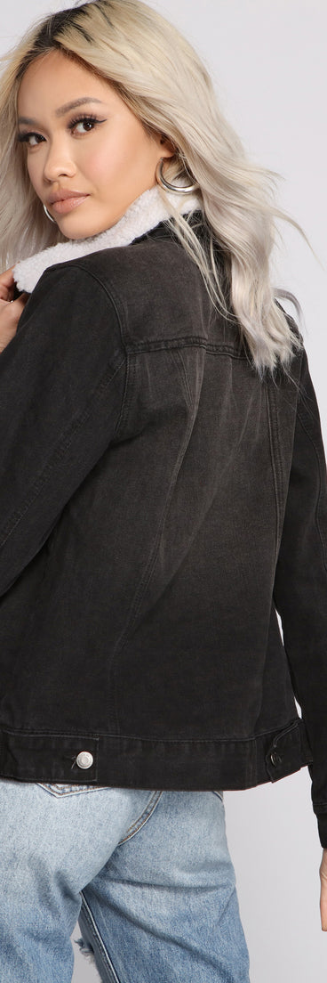 Cozy And Casual Sherpa Denim Jacket for 2023 festival outfits, festival dress, outfits for raves, concert outfits, and/or club outfits