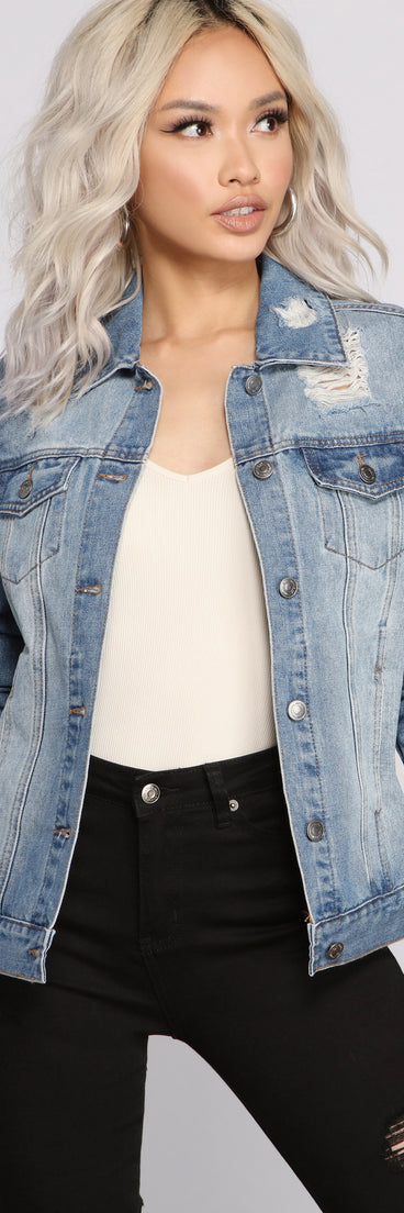 Distressed Details Denim Jacket helps create the best summer outfit for a look that slays at any event or occasion!