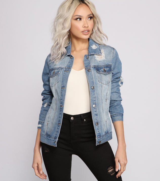 Distressed Details Denim Jacket helps create the best summer outfit for a look that slays at any event or occasion!