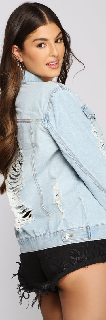 On The Edge Destructed Denim Jacket is a trendy pick to create 2023 festival outfits, festival dresses, outfits for concerts or raves, and complete your best party outfits!