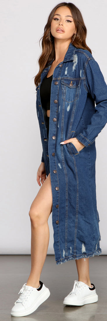 Level Up Destructed Long Line Denim Jacket helps create the best summer outfit for a look that slays at any event or occasion!