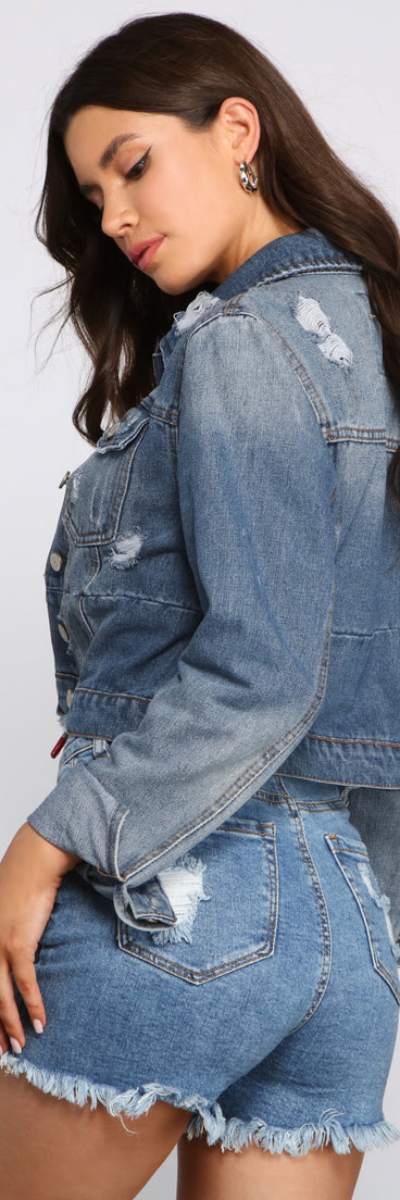 Classic Destructed Cropped Denim Jacket helps create the best summer outfit for a look that slays at any event or occasion!