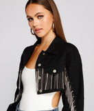 Trendy Glam Cropped Denim Jacket is a trendy pick to create 2023 festival outfits, festival dresses, outfits for concerts or raves, and complete your best party outfits!