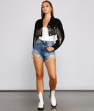 Trendy Glam Cropped Denim Jacket is a trendy pick to create 2023 festival outfits, festival dresses, outfits for concerts or raves, and complete your best party outfits!