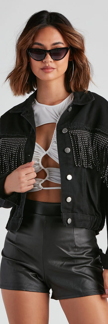 Rodeo Chick Denim Stud Fringe Jacket is a trendy pick to create 2023 festival outfits, festival dresses, outfits for concerts or raves, and complete your best party outfits!