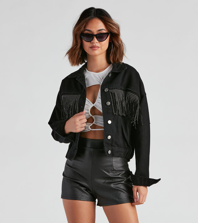 Rodeo Chick Denim Stud Fringe Jacket is a trendy pick to create 2023 festival outfits, festival dresses, outfits for concerts or raves, and complete your best party outfits!