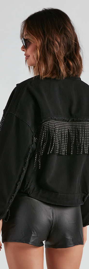 Rodeo Chick Denim Stud Fringe Jacket is a trendy pick to create 2023 festival outfits, festival dresses, outfits for concerts or raves, and complete your best party outfits!
