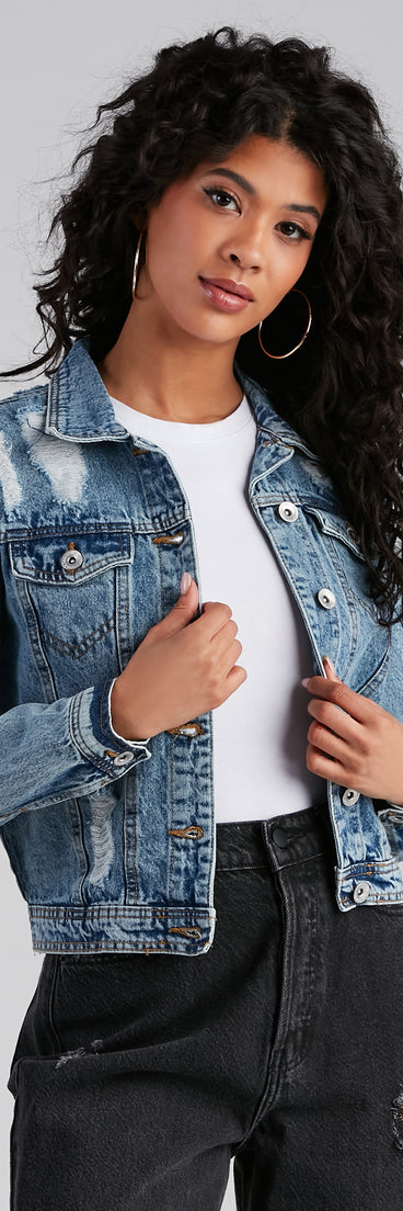 Ready To Roll Destructed Denim Jacket is a trendy pick to create 2023 festival outfits, festival dresses, outfits for concerts or raves, and complete your best party outfits!
