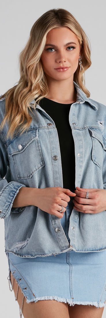 Never Gets Old Denim Distressed Shacket is a trendy pick to create 2023 festival outfits, festival dresses, outfits for concerts or raves, and complete your best party outfits!