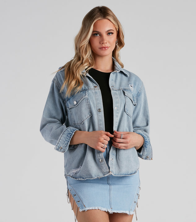 Never Gets Old Denim Distressed Shacket is a trendy pick to create 2023 festival outfits, festival dresses, outfits for concerts or raves, and complete your best party outfits!