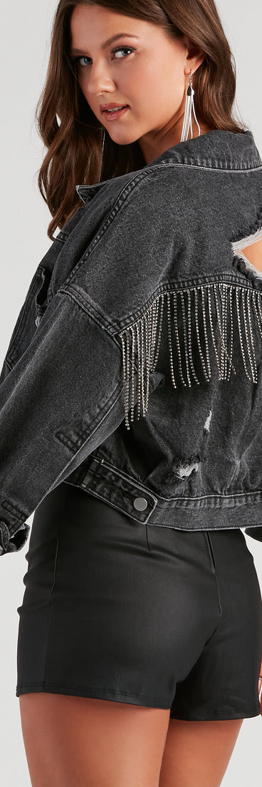 Rocker-Chic Rhinestone Fringe Denim Jacket is a trendy pick to create 2023 festival outfits, festival dresses, outfits for concerts or raves, and complete your best party outfits!