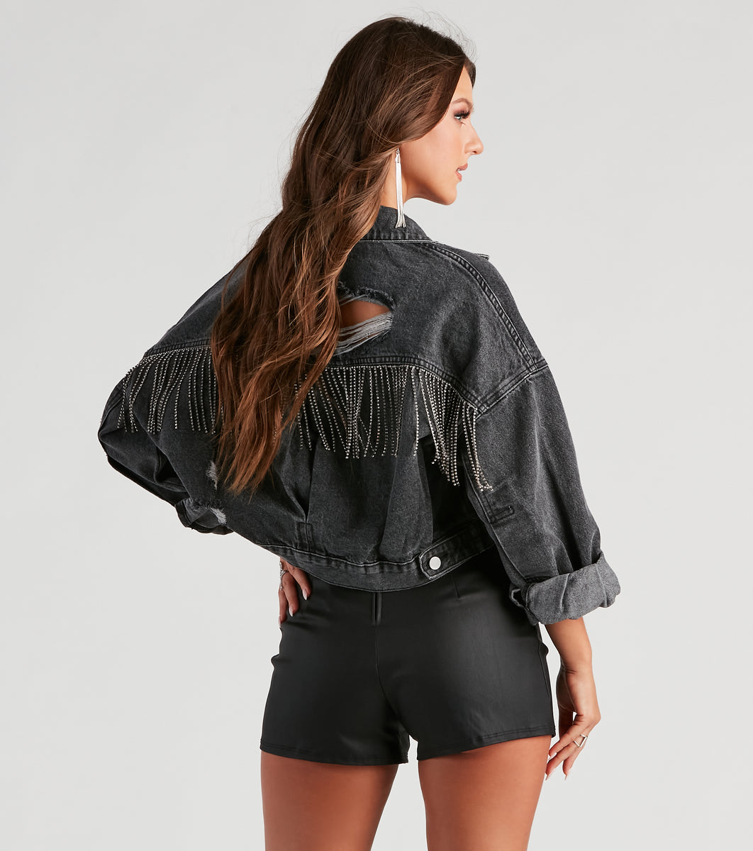 Rocker-Chic Rhinestone Fringe Denim Jacket & Windsor