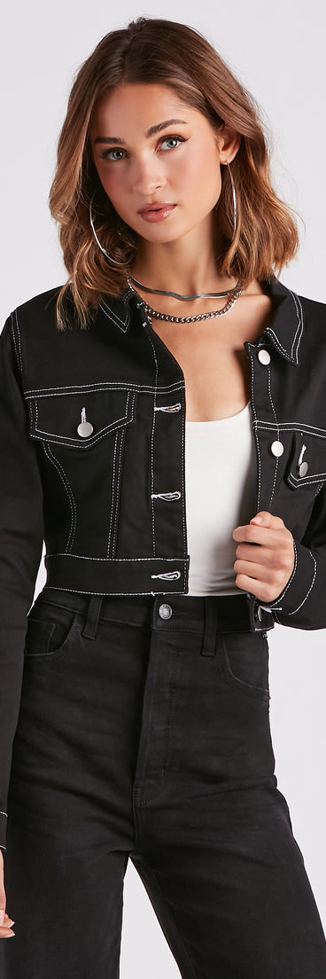 Make Way Contrast Stitch Crop Denim Jacket is a fire pick to create 2023 festival outfits, concert dresses, outfits for raves, or to complete your best party outfits or clubwear!