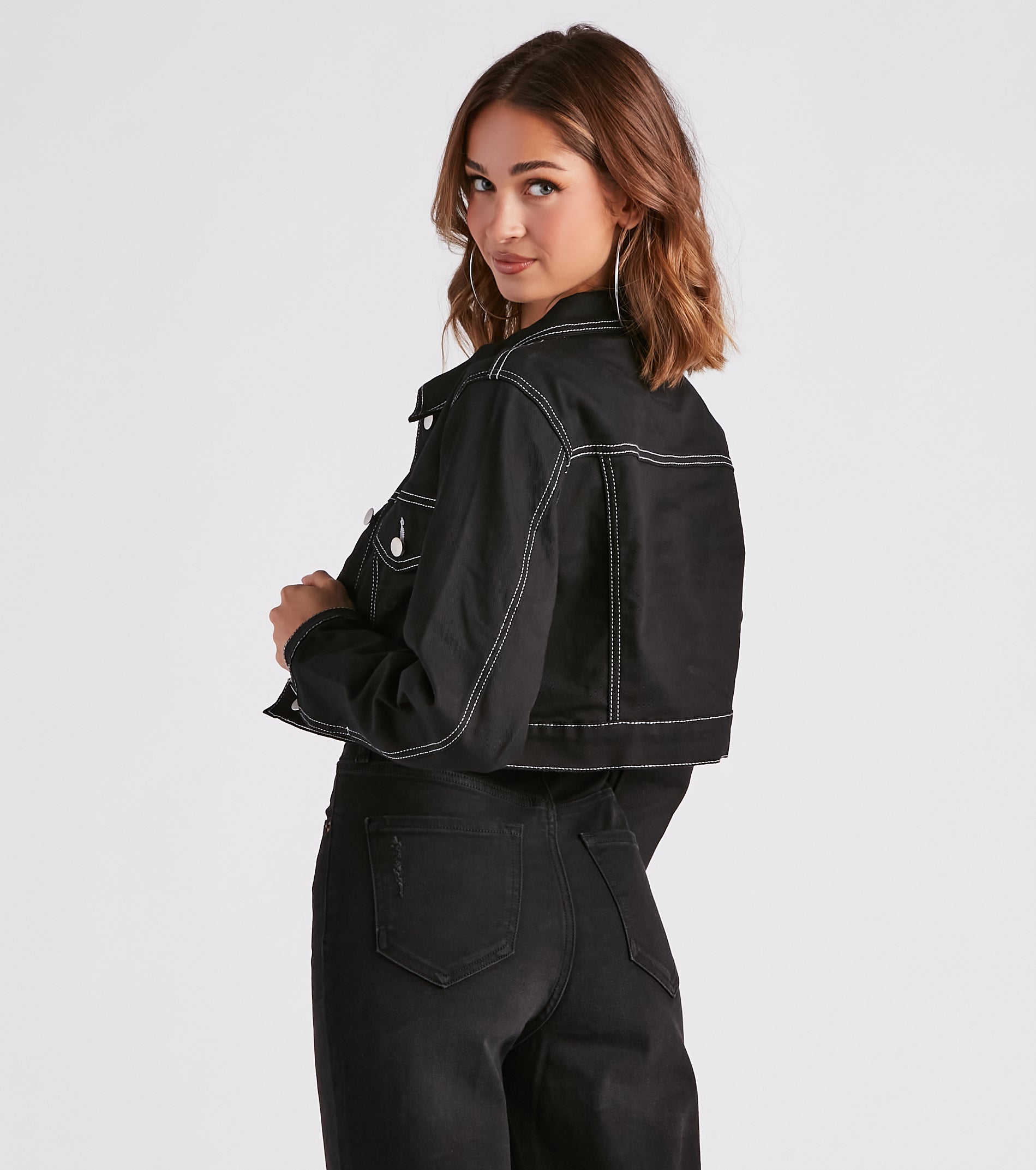 Make Way Contrast Stitch Crop Denim Jacket | Windsor