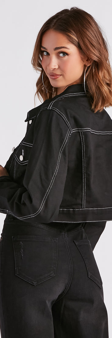 Make Way Contrast Stitch Crop Denim Jacket is a fire pick to create 2023 festival outfits, concert dresses, outfits for raves, or to complete your best party outfits or clubwear!