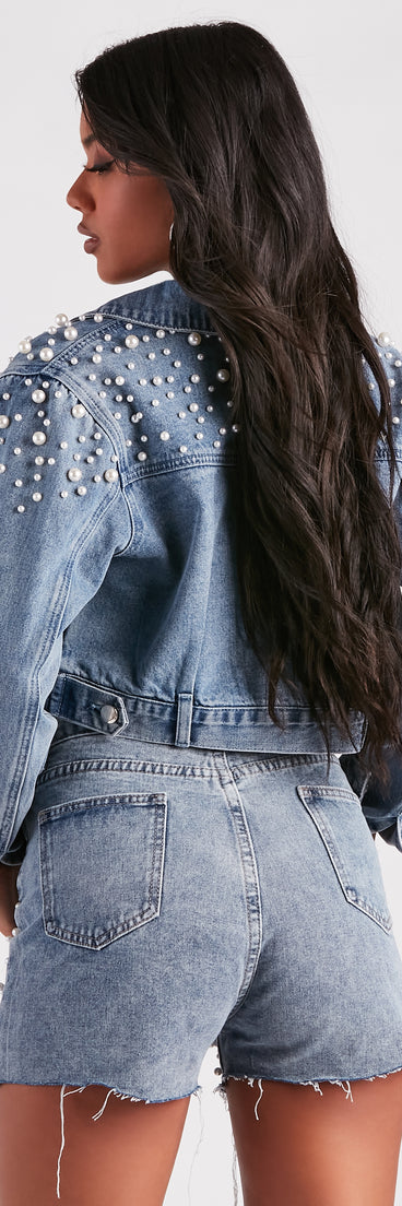 Trendy Glam Vibe Pearl Denim Jacket helps create the best summer outfit for a look that slays at any event or occasion!