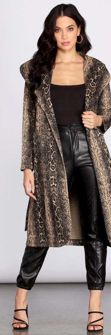 Snake Print Drape Front Long Coat helps create the best summer outfit for a look that slays at any event or occasion!
