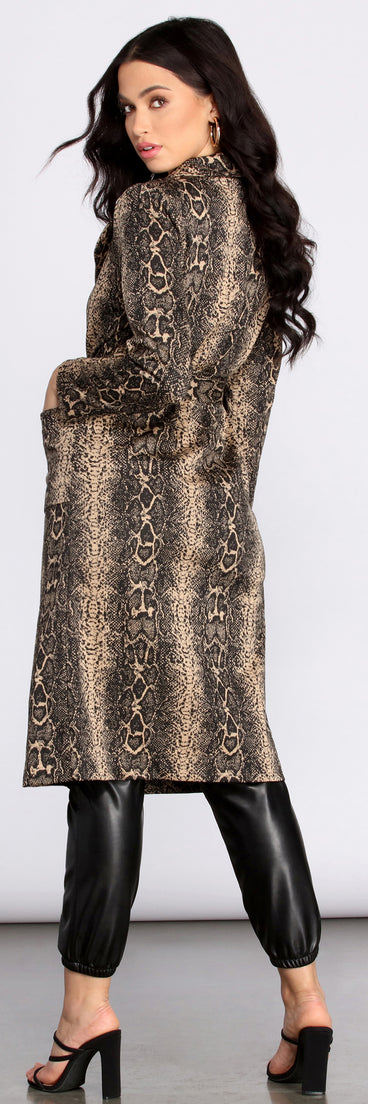 Snake Print Drape Front Long Coat for 2023 festival outfits, festival dress, outfits for raves, concert outfits, and/or club outfits
