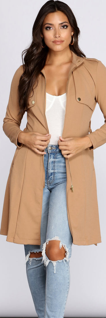 Feminine Flare Zip Up Trench Coat is the perfect Homecoming look pick with on-trend details to make the 2023 HOCO dance your most memorable event yet!