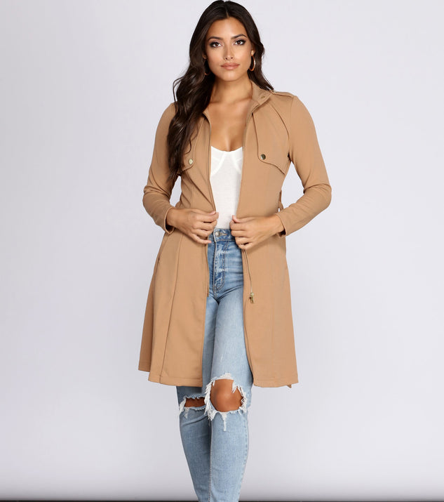 Feminine Flare Zip Up Trench Coat is the perfect Homecoming look pick with on-trend details to make the 2023 HOCO dance your most memorable event yet!
