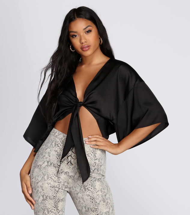 Dress up in Satin Tie Front Kimono as your going-out dress for holiday parties, an outfit for NYE, party dress for a girls’ night out, or a going-out outfit for any seasonal event!
