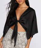 With fun and flirty details, Satin Tie Front Kimono shows off your unique style for a trendy outfit for the summer season!