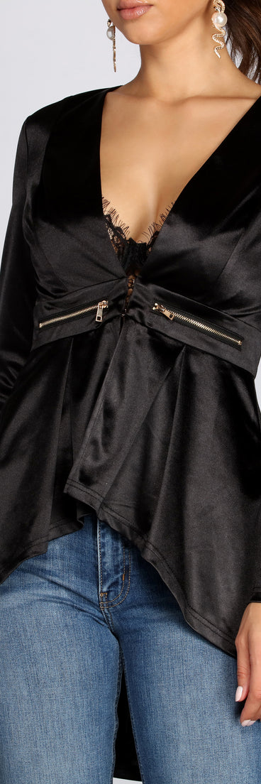 Satin Peplum High-Low Blazer helps create the best summer outfit for a look that slays at any event or occasion!