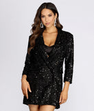 Off The Clock Sequin Blazer Dress provides gorgeous formal dress style to feel beautiful for Homecoming 2023, Bridesmaids, Wedding Guests, Winter Formal Dance, Military Balls, and Prom.