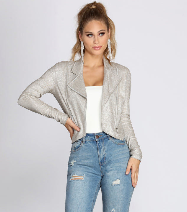 Pass The Champagne Glitter Knit Moto Jacket helps create the best summer outfit for a look that slays at any event or occasion!