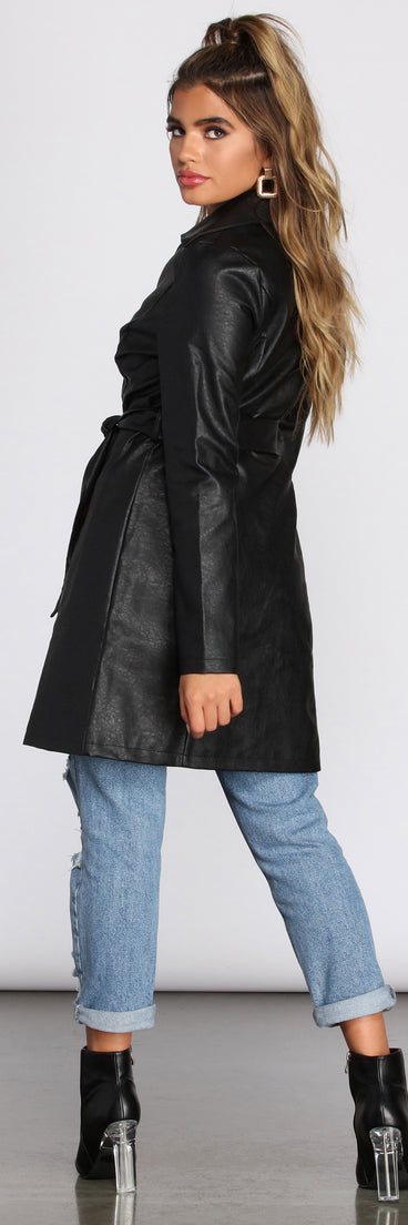 Faux Leather Belted Trench for 2023 festival outfits, festival dress, outfits for raves, concert outfits, and/or club outfits