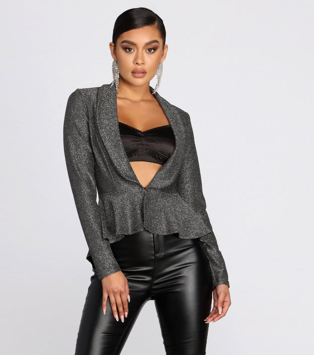 All Glam Glitter Peplum Blazer helps create the best summer outfit for a look that slays at any event or occasion!