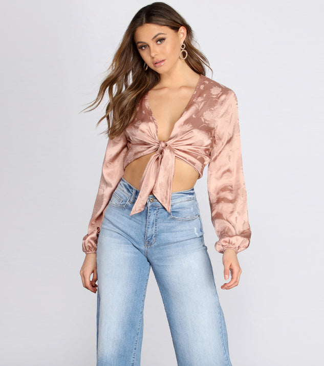 Dress up in Satin Floral Tie Front Top as your going-out dress for holiday parties, an outfit for NYE, party dress for a girls’ night out, or a going-out outfit for any seasonal event!
