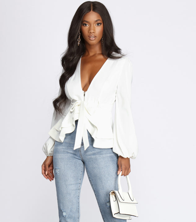 With fun and flirty details, Simply Irresistible Zip Front Ruffled Blouse shows off your unique style for a trendy outfit for the summer season!