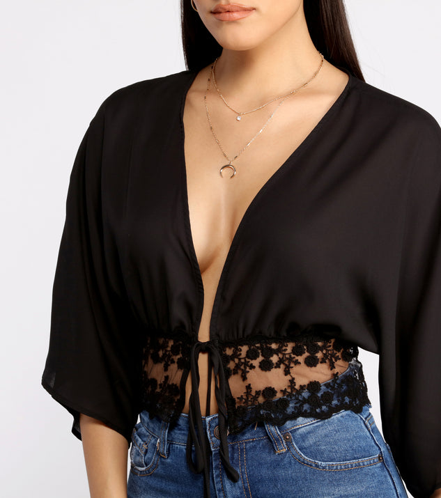 Dress up in Effortless Vibes Lace Detail Tie Front Top as your going-out dress for holiday parties, an outfit for NYE, party dress for a girls’ night out, or a going-out outfit for any seasonal event!