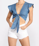 With fun and flirty details, Why Knot Flutter Sleeve Chambray Tie Front Top shows off your unique style for a trendy outfit for the summer season!