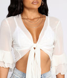 With fun and flirty details, Flowy Flutter Sleeve Tie Front Top shows off your unique style for a trendy outfit for the summer season!