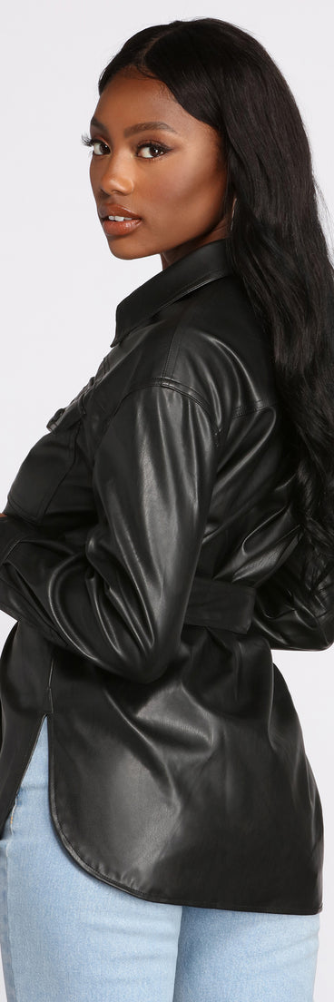 Tunnel Vision Faux Leather Button Up Jacket for 2023 festival outfits, festival dress, outfits for raves, concert outfits, and/or club outfits