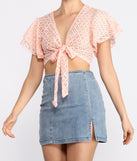 With fun and flirty details, Make My Heart Flutter Lace Tie Front Cropped Blouse shows off your unique style for a trendy outfit for the summer season!