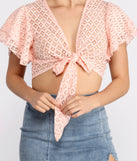 With fun and flirty details, Make My Heart Flutter Lace Tie Front Cropped Blouse shows off your unique style for a trendy outfit for the summer season!
