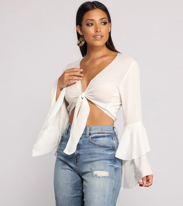 Woven Tie Front Bell Sleeve Crop Top