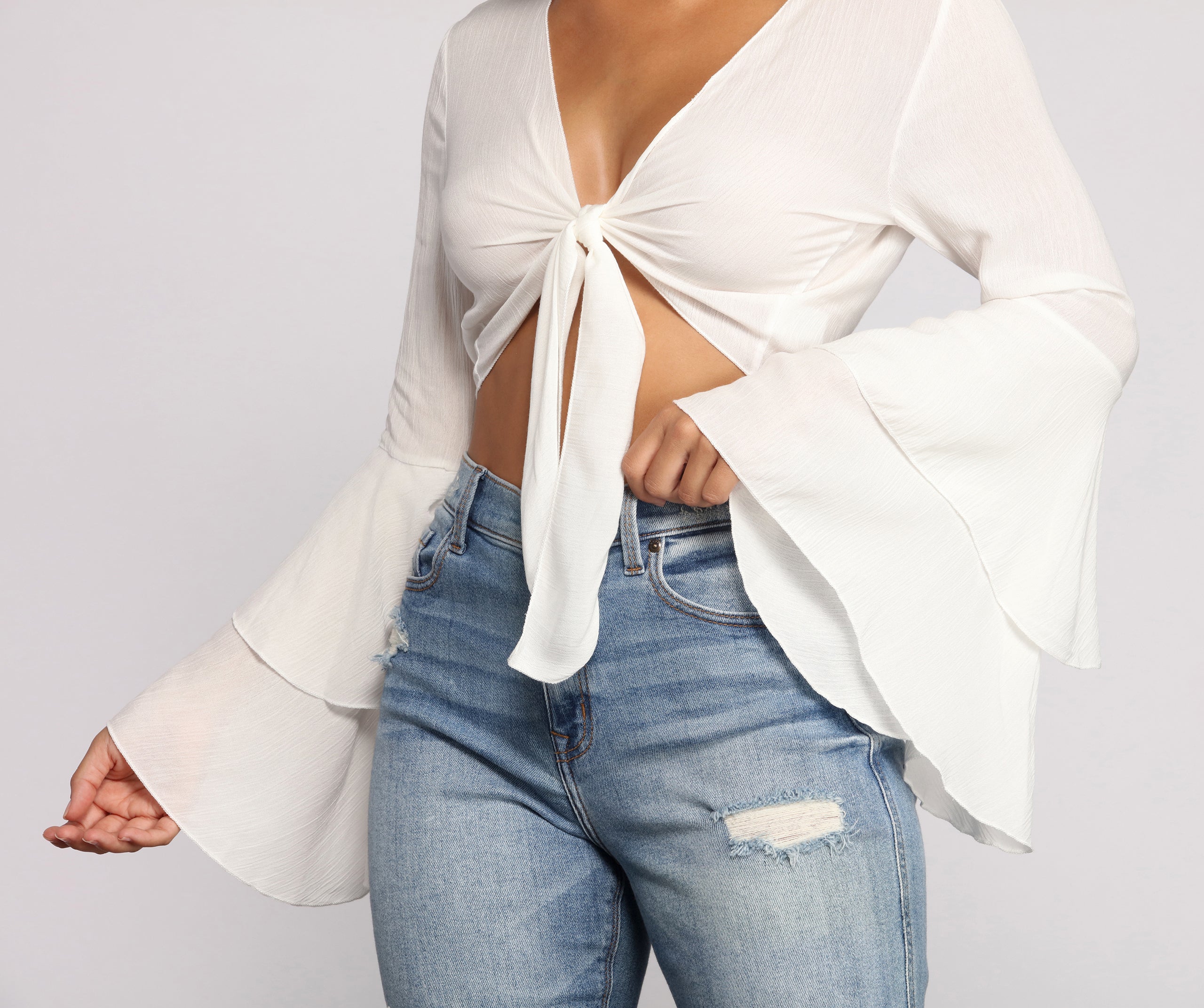 Woven Tie Front Bell Sleeve Crop Top | Windsor