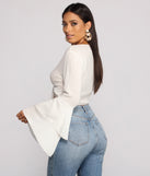 Woven Tie Front Bell Sleeve Crop Top