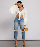 Woven Tie Front Bell Sleeve Crop Top