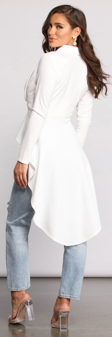 First In Class Peplum High Low Jacket helps create the best summer outfit for a look that slays at any event or occasion!