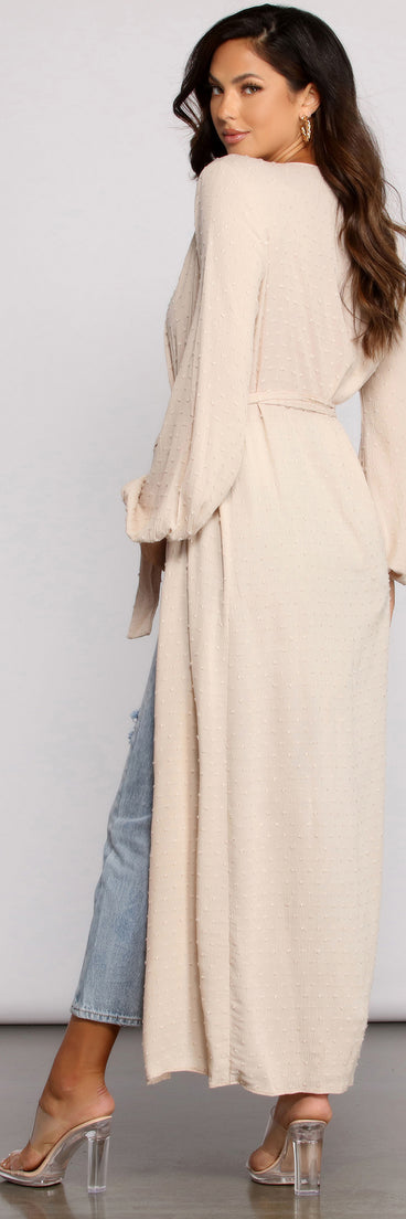 Dotted Devotion Belted Long Duster for 2023 festival outfits, festival dress, outfits for raves, concert outfits, and/or club outfits