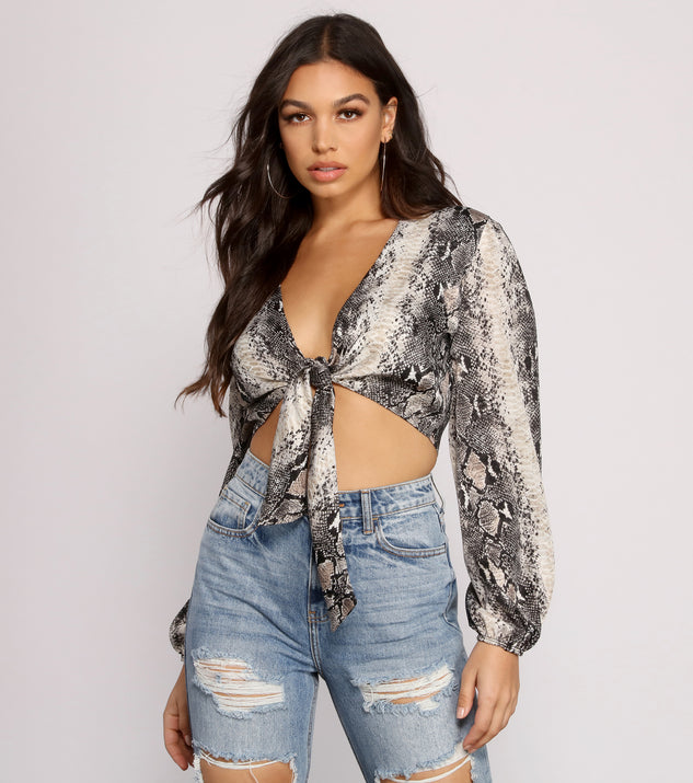 With fun and flirty details, Chic Satin Snake Print Crop Top shows off your unique style for a trendy outfit for the summer season!