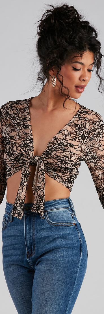 With fun and flirty details, Flirty Floral Lace Tie Front Crop Top shows off your unique style for a trendy outfit for the summer season!