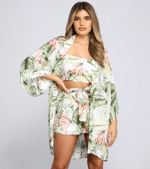 You’ll look stunning in the Vacay On My Mind Tropical Print Kimono when paired with its matching separate to create a glam clothing set perfect for a New Year’s Eve Party Outfit or Holiday Outfit for any event!